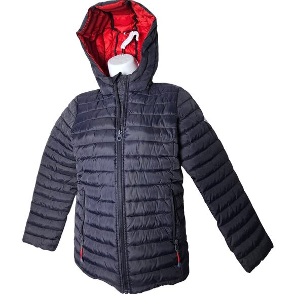 Joules Kids 11-12Y Navy Hooded Puffer Jacket Red Lining Zip Up Coat Lightweight - Picture 1 of 11